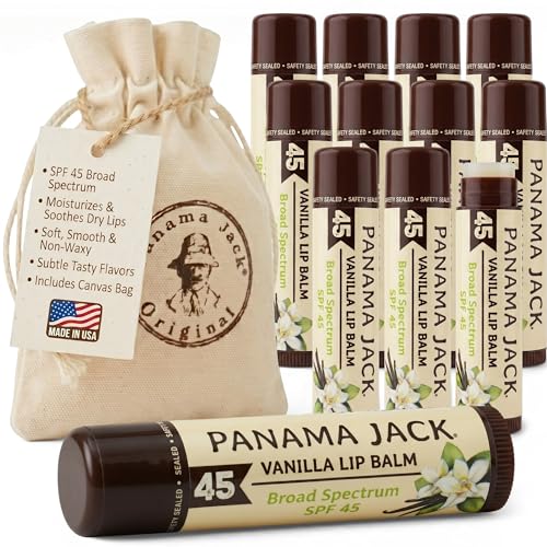 Panama Jack Sunscreen Lip Balm - SPF 45, Broad Spectrum UVA-UVB Sunscreen Protection, Prevents & Soothes Dry, Chapped Lips, Vanilla, 12-pack