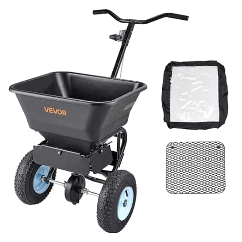 VEVOR Broadcast Spreader, 100LBS Capacity, Walk-Behind Push Spreader, 0-9.8ft Spreading Width, 13 in All Terrain Pneumatic Tires, Fertilizer Spreaders with Hopper Grate, for Seed Salt Ice Melt
