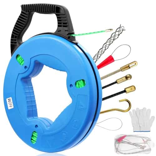 Teodute Fish Tape Wire Puller 4.5mm 196FT, Electrical Fish Tape with 7 pcs Leader Tip, Fish Tape Fiberglass, PET Wire Fishing Tools Cable Running Rod with Steel Reel Stand for Wiring