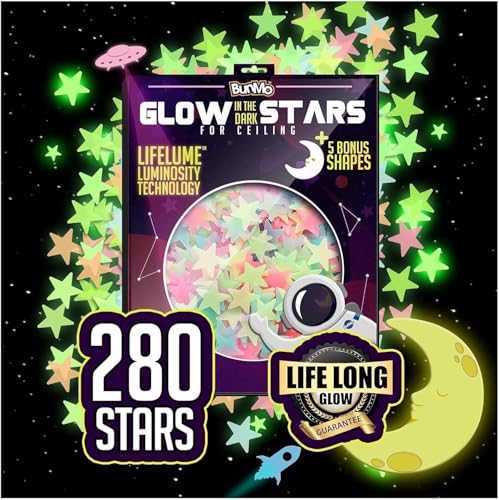 BUNMO Glow in The Dark Stars for Ceiling & Walls – 280 Piece Bright Wall Stickers, Long Lasting Non-Toxic Decals with Moons & Planets for Kids Bedroom, Nursery & Room Decor