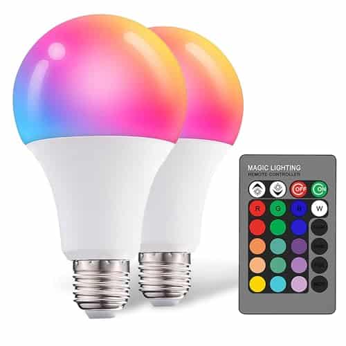 Dimmable E26 Warm LED Light Bulb, 6W RGBW Color 500LM with 16 Color Changing Modes for Christmas, Party etc with Remote Control 2 Pack