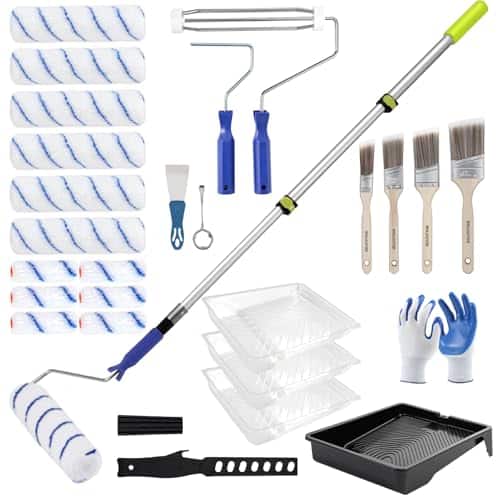 BHLUUIYER Paint Roller Kit with 2 to 4 FT Extension Pole for House Painting - Completed Home Painting Set with 9″ & 4″ Paint Roller Covers, Tray, Paint Brushes and Accessories