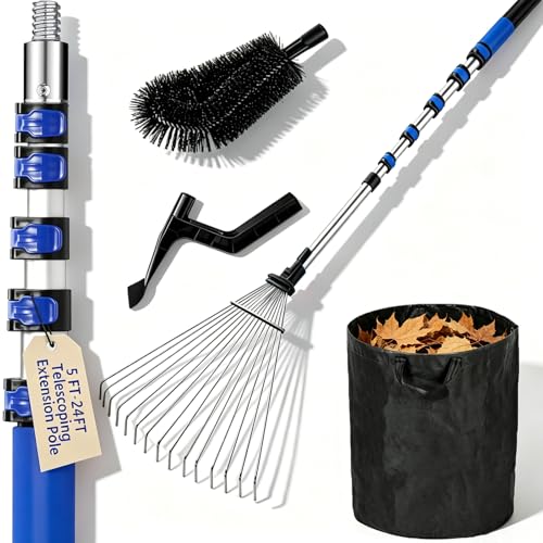 24-FT Telescoping Roof Rake for Leaves, 30FT Reach, Adjustable Rake Head, Flexible Brush, Gutter Cleaning Tool & Storage Bag for Roof Debris, Gutters and Pine Needles