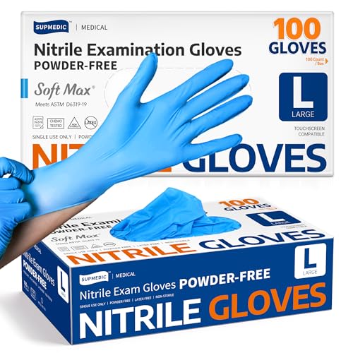 Supmedic Medical Nitrile Exam Gloves, Latex-Free, Powder-Free, Food Safe, Cooking Food Prep, Disposable Gloves, Blue, 100 Pcs (Large)