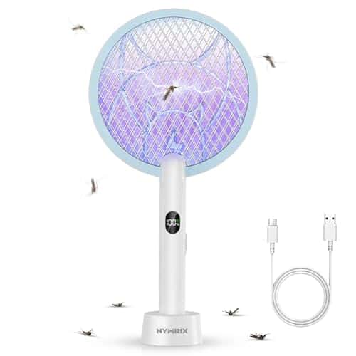 Nymrix Electric Fly Swatter Racket, 2 in 1 Mosquito Bug Zapper 4100V Max Handheld Mosquito Killer with 1800 mAh Rechargeable Battery, Purple Light and 3-Layer Safety Mesh for Indoor Outdoor Blue