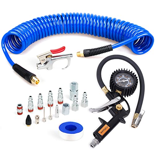 FYPower 18 Pieces Air Compressor Accessories kit, 1/4 inch x 25 ft Recoil Poly Air Compressor Hose Kit, 1/4
