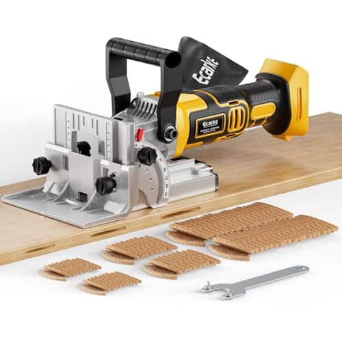 Ecarke Cordless Biscuit Joiner Tool Compatible with Dewalt 20V Battery, Precision Plate Joiner for Woodworking, Cabinetry & Furniture Making, 0-90° Cutting, 6 Depth Settings, 80 wafers, Tool Only
