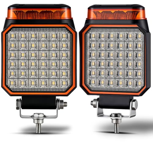 Amber Strobe Light, 2-in-1 Emergency Warning & Work Light, 150° Wide Flood LED Beacon Light 12-24V Waterproof Safety Flashing Light for Snow Plow Road Construction Worksite Truck ATV Forklift