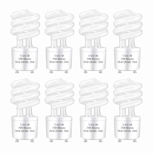 UGOODIS GU24 13Watt 2700K 900lm CFL Light Bulbs, T3 Spiral Gu24 Base 2 Prong (60W Equivalent) Soft White Compact Fluorescent Light Bulbs, UL Approved, 120v 60Hz, Self Ballasted, Indoor Use (8 Pack)