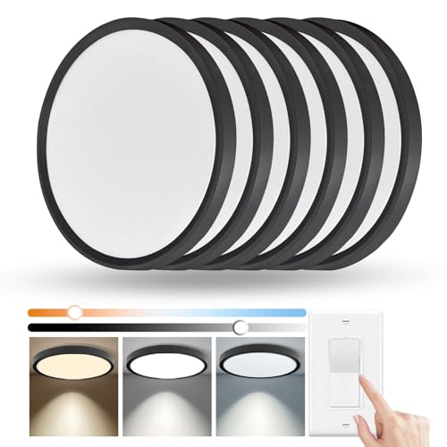 6 Pack 12 Inch Hardwired Dimmable LED Flush Mount Ceiling Light Fixtures, 24W 2640LM 3000K/4000K/5000K, House Upgrade Led Lights for Bedroom Hallway Laundry Room Rental Units, 240W Equiv., Black