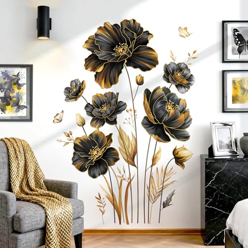 decalmile Black Gold Flower Leaves Plants Floral Wall Decals Stickers