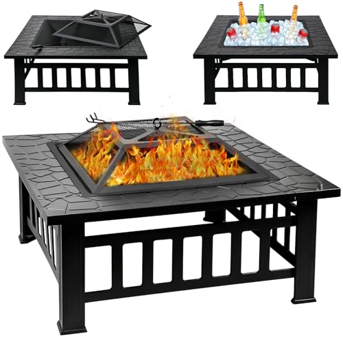 Quilushey 32 Inch Fire Pit Table with Fire Poker & Spark Screen, Outdoor Burning Fire Pits, 3 in 1 Metal Square Firepit Stove for Outside Heating, Bonfire Party, Camping, Patio, Garden
