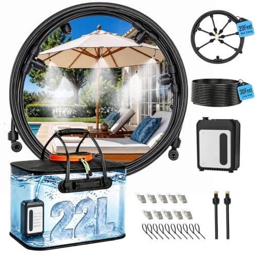 Bluepro 50FT Portable Misting System for Cooling, Misters for Outside Patio with 5.8Gal/22L Foldable Tank, 5200mAh Pump (IPX8) & 8 Adjustable Brass Nozzles for Umbrella, Camping, Golf Cart, Sport