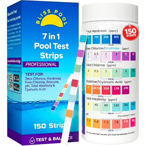 Pool Test Strips 7 in 1 (150 Strips) with App, Easy & Accurate Swimming Pool Water Smart Strips, Testing for pH, Alkalinity, Free Chlorine, Total Chlorine, Bromine, Hardness & Stabilizer