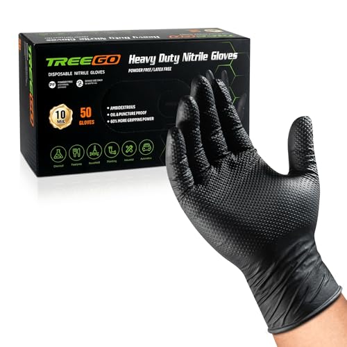 TREEGO 10 Mil Nitrile Gloves Large - Disposable Heavy Duty Rubber Gloves, Raised Diamond Texture Mechanic Gloves, Latex Free Industrial Work Gloves for Garage & Tools, 50 Count