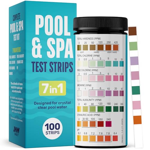 JNW 7-in-1 Pool Test Strips, 100 Quick & Accurate Test Strips for Pool Water, Spa Test Strips for Hot Tub, Chlorine Test Strips, Bromine, pH, Alkalinity, Hardness & More - Swimming Pool Test Kit
