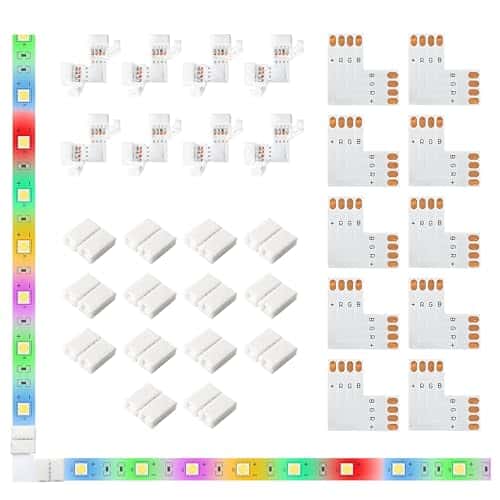 JACKYLED 20Packs L Shape 4-Pin LED Connectors with 22Pcs Clips 10mm for Strip Lights - 10mm 4pin