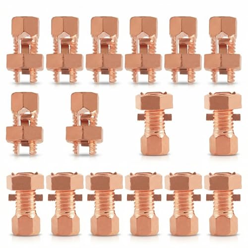 ASUNTOM Split Bolt Connectors 16-Pack, Copper Grounding Clamps for 4-8 AWG Wire, Solid Brass Core & Pure Copper Shell for Electric Fence, Solar Panel, Grounding Applications (TJ16)