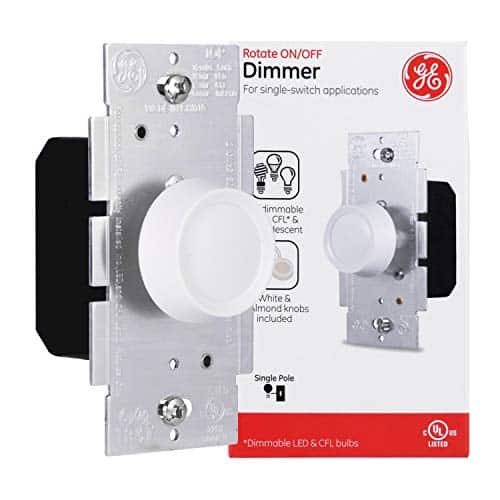 GE Single Pole Rotating Dimmer Switch, Rotate On/Off, Use with Dimmable LED, CFL, and Incandescent Bulbs, Includes Two Knob Colors, UL Listed, White/Light Almond, 18021