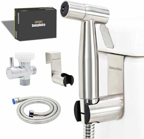 SassyAstra Handheld Bidet Sprayer — Adjustable Water Pressure, with Hose, Feminine & Pet Wash Kit, Bathroom Hygiene Attachment for Cloth Diaper Cleaning (Quick Install, Stainless Steel)