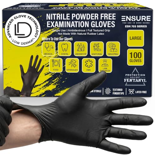 Ensure Black Nitrile Gloves – 7 Mil Heavy-Duty Disposable Gloves, Low Dermatitis, Powder & Latex Free, Puncture & Chemical Resistant for Mechanic, Industrial, Food Service, Medical Use (100, Large)
