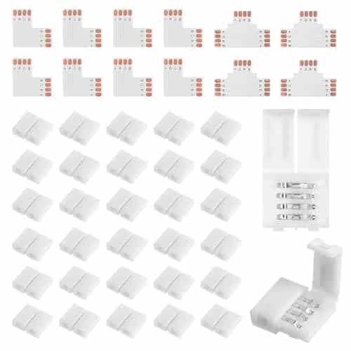 42 Pcs 4 Pin LED Strip Connector Kit with 30 Solderless LED Light Connectors for 10mm Wide RGB LEDs Strip Light, Includes 8 L Shape, 4 T Shape Connector Clips for DIY Lighting Projects