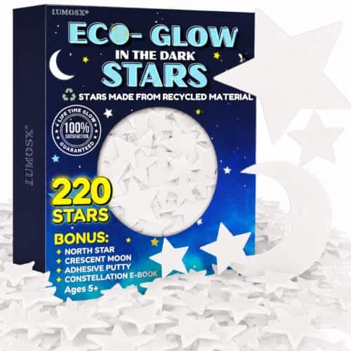 LUMOSX Glow in the Dark Ceiling Stars for Kids Room – 220pcs Glow Stars for Ceiling Made from Recycled Materials with Moon, North Star & Constellation E-Book