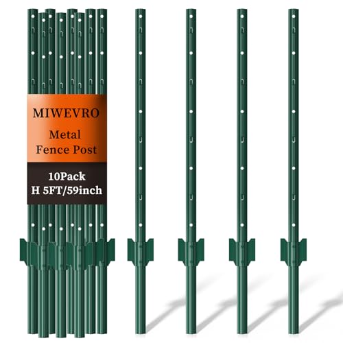 10 Pack Metal Garden Fence Posts 5 FT Green – Heavy Duty U-Post for Wire Fencing, No-Dig Fence Stakes for Temporary Fencing, Corner Anchor Posts, Rustproof Powder-Coated Steel for Farm, Yard & Garden