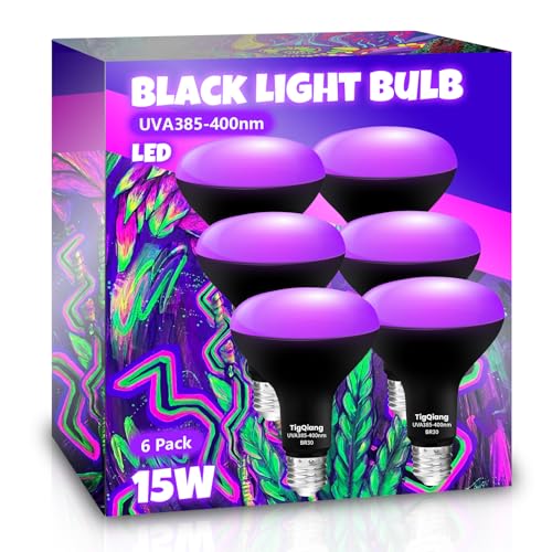 TigQiang 6 Pack Black Light Bulbs, Blacklight Bulb 120W Equivalent, E26 BR30 LED Black Light Bulb 385nm to 400nm for Halloween Christmas Decor, Body Paint, Glow in The Dark Party, Fluorescent Poster