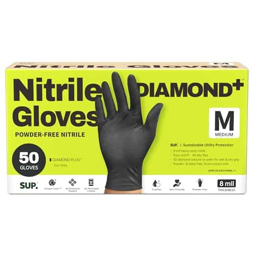 SUPER+ HEAVY DUTY Nitrile Gloves 8 Mil Diamond Texture Disposable Chemical Resistant Powder &Latex Free Food Safe Black 50 Ct (Medium)