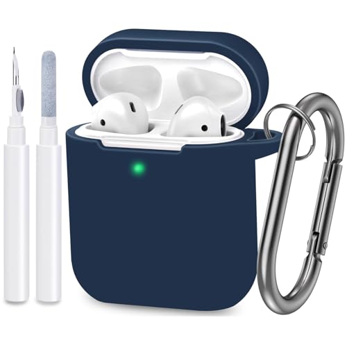 ATUAT Compatible with AirPods Case Cover, Full Protective Silicone Skin Dust-Proof Designed for Apple AirPods 1st 2nd Generation with Keychain, Front LED Visible, Midnight Blue