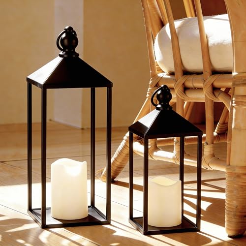 Perfnique Decorative Lanterns for Indoor & Outdoor, Set of 2 Black Metal Lanterns (17