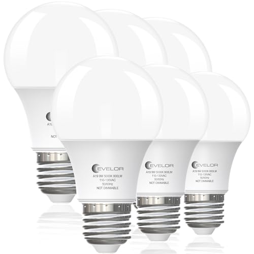 Evelor A19 LED Light Bulbs, 60 Watt Equivalent Daylight 5000K with E26 Base, Efficient 9W, 800 Lumens Non-Dimmable LED Bulbs, 15000 Hours, Ideal for Bedroom Living Room