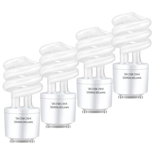 Winkcao CFL Light Bulbs GU24 Base, T3 Spiral 13Watt (60Watt Equ) Soft White 2700K 900lm Compact Fluorescent Light Bulbs, UL Approved, 120v 60Hz, Self Ballasted CFL Bulbs, Pack of 4