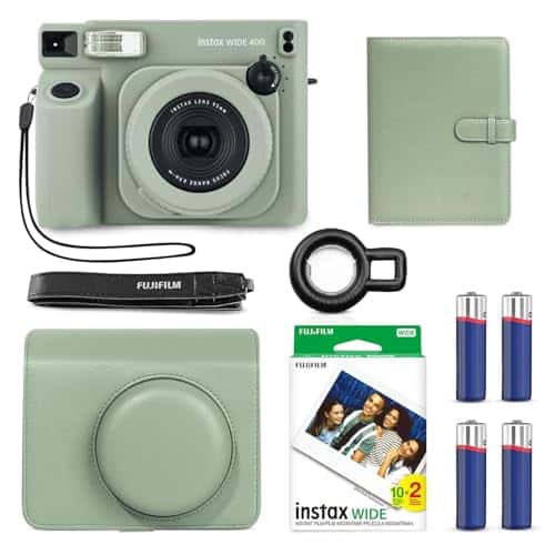 Fujifilm Instax Wide 400 Instant Camera (Sage Green) + INSTAX Wide Film (20 Exposures) + Shutter Accessories Bundle – Carrying Case, 80-Pocket Green Photo Album