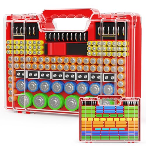 Molutsody Battery Organizer Box with Tester, Storage Case Holds 260 Batteries, Double Clear Locking Lid for AA AAA C D 9V - Red (Batteries Not Included)
