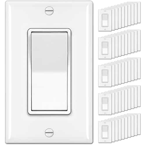 [50 Pack] BESTTEN Single Pole Decorator Wall Light Switch with Wallplate, 15A 120/277V, On/Off Rocker Paddle Interrupter, UL Listed, White