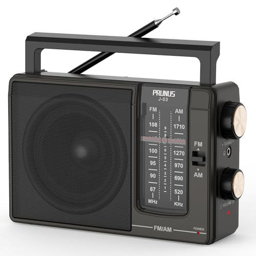 PRUNUS J03 AM FM Radio Portable Plug in Wall or AA Battery Operated for Home/Outdoor, Large Speaker Excellent Sound and Reception, Large Tuning Knobs, Gifts for Seniors, No,Internet Radio/Shower Radio