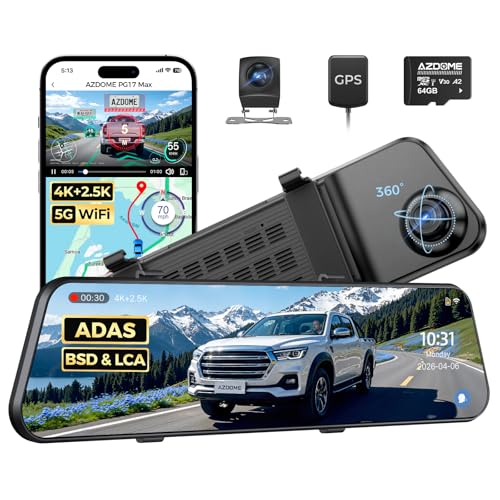 AZDOME PG17 Max 4K+2.5K Mirror Dash Cam Front and Rear, ADAS BSD LCA, 64GB