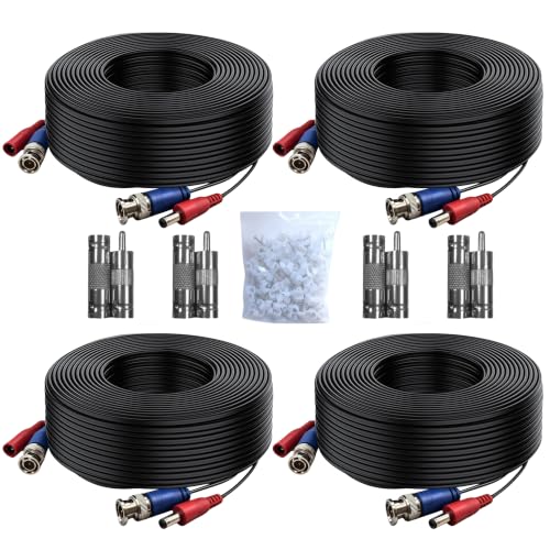LETONDA 4 Pack 16.4ft (5M) BNC Video Cable Wire, 4mm Thickened Security Camera Extension Cable, All-in-One Siamese CCTV Power Cable for DVR, Includes 8 BNC Connectors & 100 Cable Clips