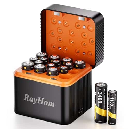 RayHom Rechargeable 8 AA and 8 AAA Lithium Batteries with Charger, 1.5 V Double A Triple A High-Capacity Rechargeable Batteries, 16 Slot Li-ion Battery Charger