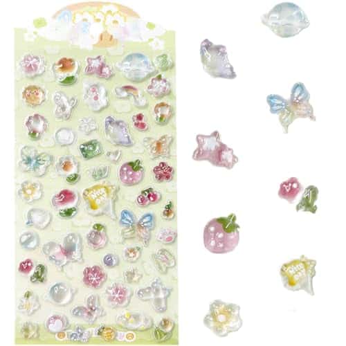 3D Cute Stickers Cartoon Butterfly Flowers Green Fruit Puff Stickers Kawaii Mini Puffy 3D Reusable Puffy for Scrapbooks Planner Journals Laptops Phone Case Decoration