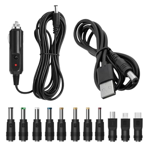 DUSCOKE 12V Car Charger with 5V DC Power Cable, Universal DC 5.5x2.1mm Plug Power Cord with 11 Connectors, Cigarette Lighter Plug Charging Cable for DVD Player, GPS, Camera, Bluetooth Speaker