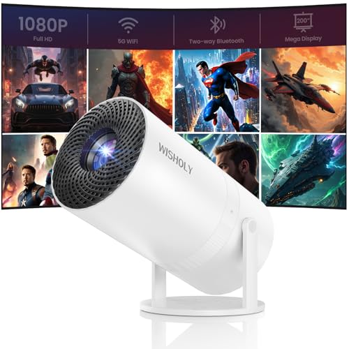 WISHOLY Mini Projector with WiFi and Bluetooth, Portable Movie Projector with 180° Rotatable, 1080P HD Supported, Auto Vertical Keystone, Compatible with Smartphone, TV Stick, Laptop, HDMI, USB