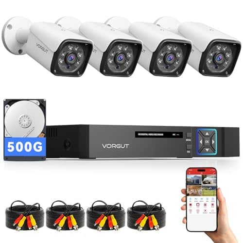 VORGUT Wired Security Camera System Outdoor, 4X 3MP CCTV Camera, 500G HDD