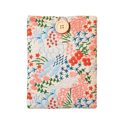 Embroidered Floral E-Reader Sleeve - Compatible with Kindle Paperwhite, Colorsoft & Kobo Clara - Cotton Padded E-Reader Cover