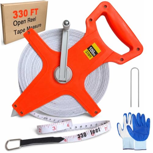 330FT Open Reel Tape Measure, Heavy Duty 100m Fiberglass Long Tape Measure with Reinforced Metal Hook, CCFREELIFE Dual-Sided Inch/Metric Scale for Surveying, Construction, Landscaping, Field Layout