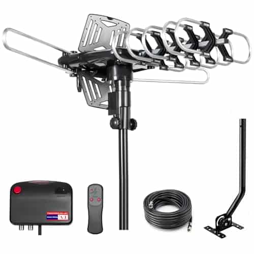 Amplified Outdoor TV Antenna 200+Mile Motorized 360 Degree Rotation, Remote Control, Mounting Pole & RG6 Cable, Dual TV Outputs, Supports UHF VHF 1080P 4K Smart & Older TVs