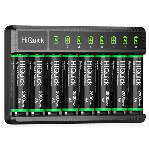 HiQuick AA Rechargeable Batteries 8 Pack, 2800mAh with 8-Bay Smart Charger