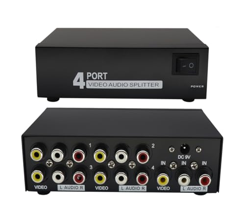 QiCheng&LYS Powered 4 Way 3 RCA Splitter Box 1 in 4 Out Composite Video Audio Distribution Duplicator with Power Adapter for Cable Box DVD DVR Analog TV Port (1 in 4 Out)